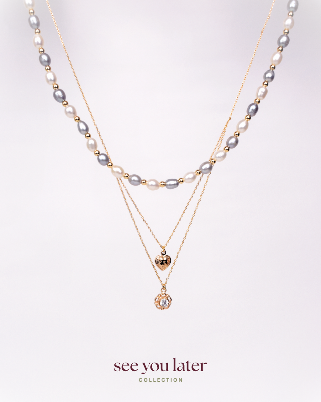 Halo Blue Pearl Necklace and Bracelet with Layered Rose Gold Necklace