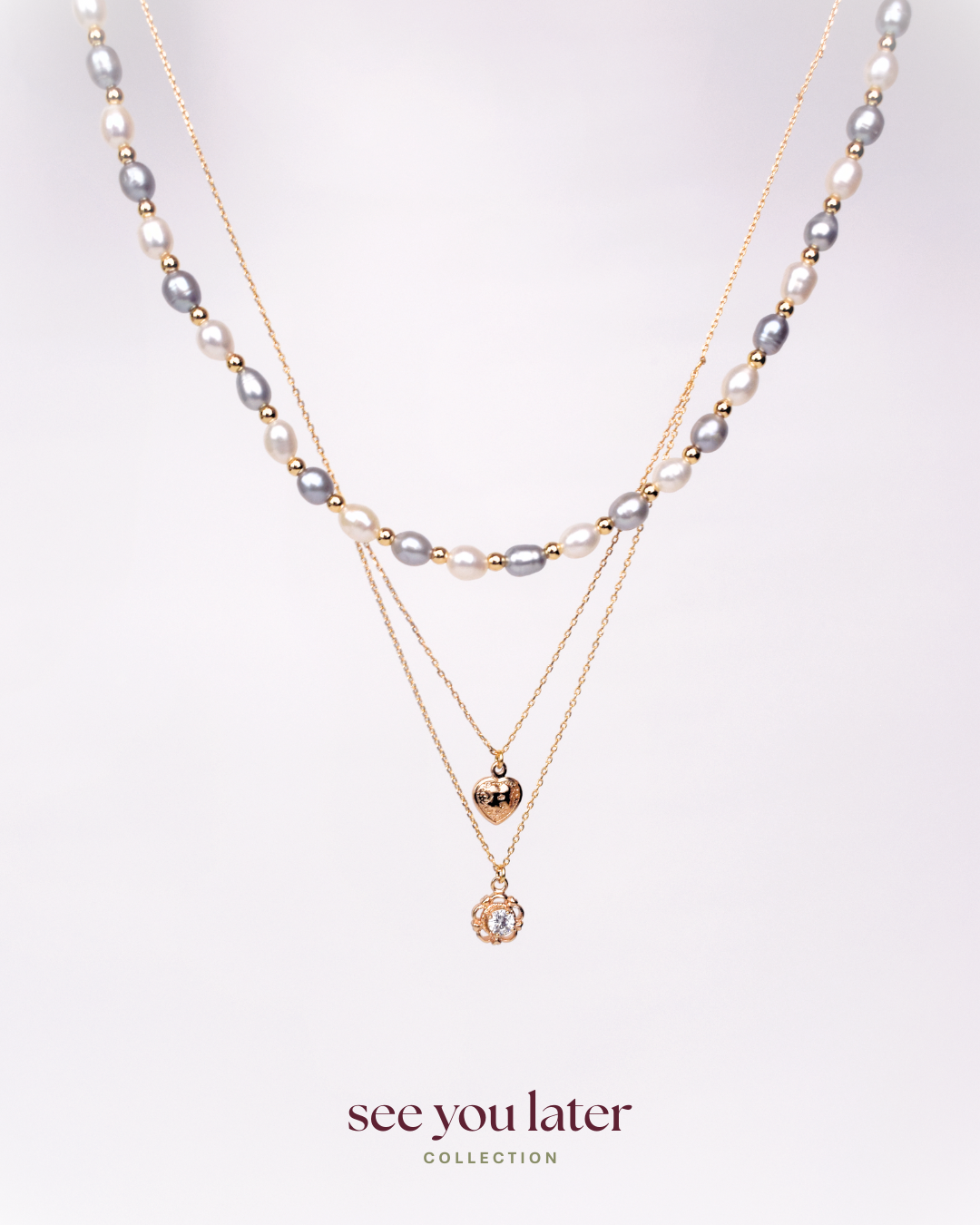 Halo Blue Pearl Necklace and Bracelet with Layered Rose Gold Necklace