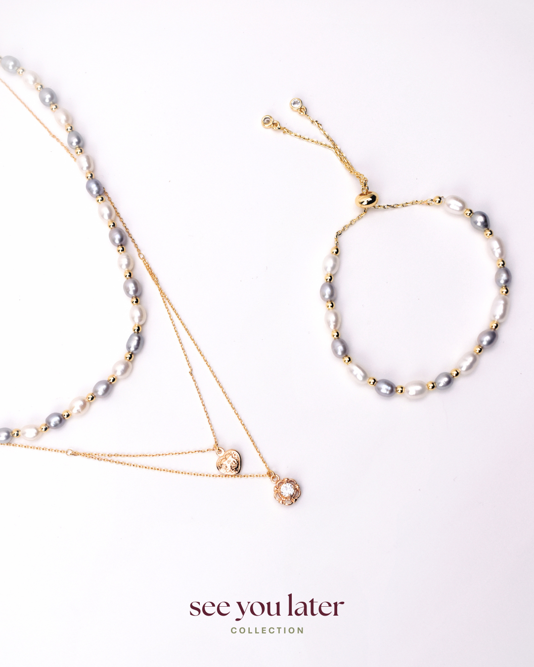 Halo Blue Pearl Necklace and Bracelet with Layered Rose Gold Necklace