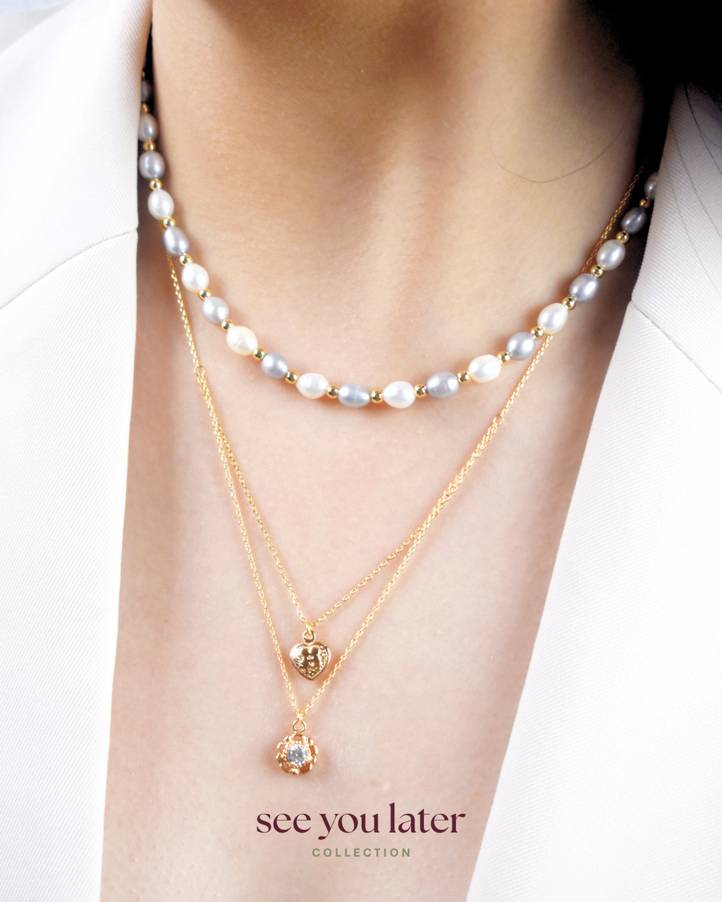 Halo Blue Pearl Necklace and Bracelet with Layered Rose Gold Necklace