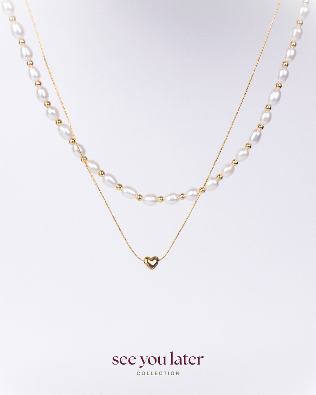Halo White Pearl Necklace and Bracelet with Gold Heart Necklace