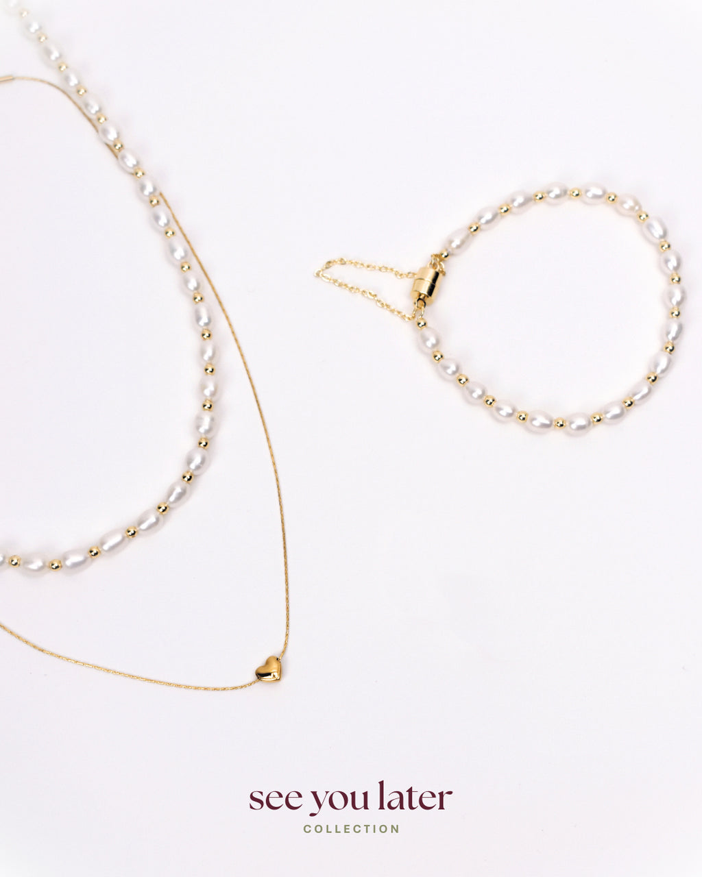 Halo White Pearl Necklace and Bracelet with Gold Heart Necklace