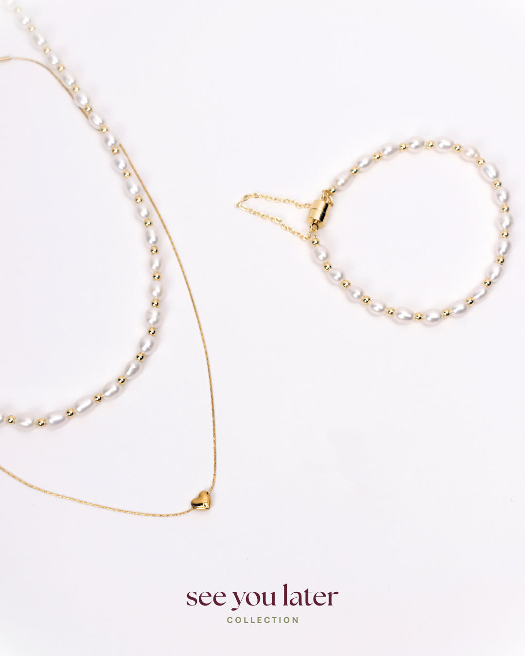 Halo White Pearl Necklace and Bracelet with Gold Heart Necklace